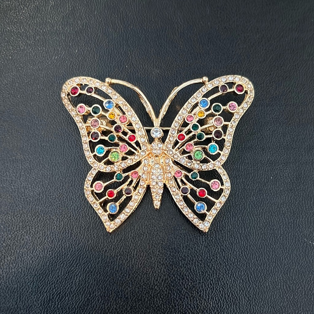 Rhinestone Gold Tone Butterfly Brooch With Pendant Loops